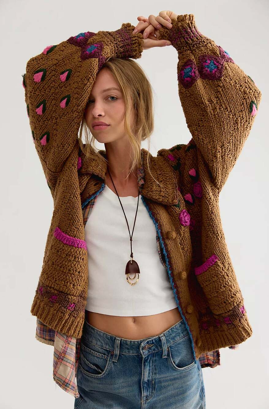 new FREE PEOPLE Rosebud Cardigan in Macadamia Bloom Combo Size XL